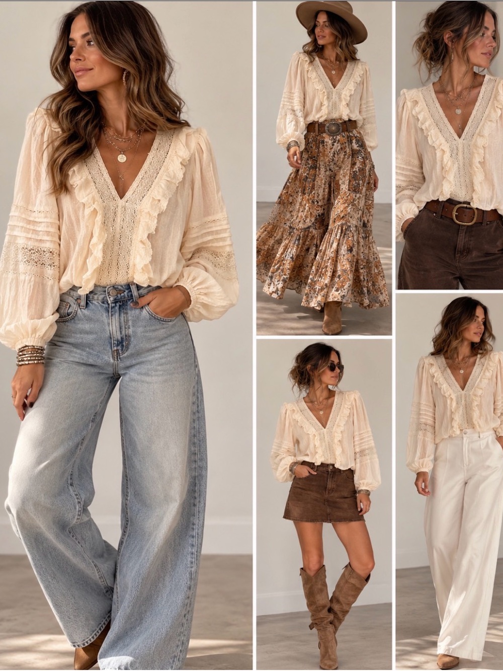 American Eagle Outfitters Cream Lace-Trim V-Neck Peasant Blouse - Picture 3 of 4